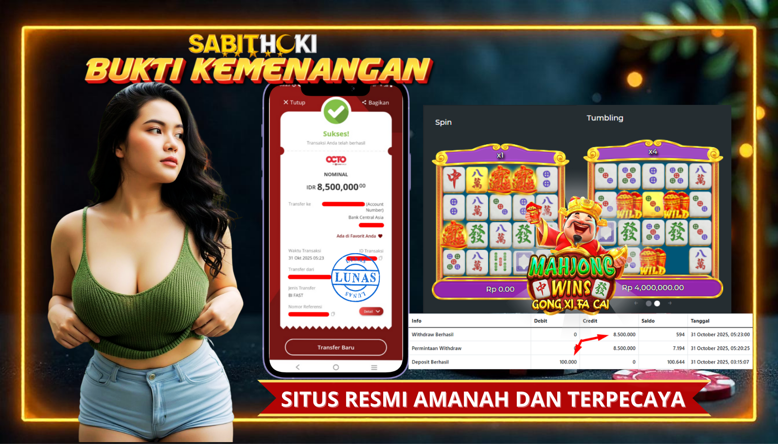SELAMAT KEPADA MEMBER SETIA SABITHOKI YANG BERHASIL JACKPOT DI PERMAINAN MAHJONG WINS GONG XI FA CAI